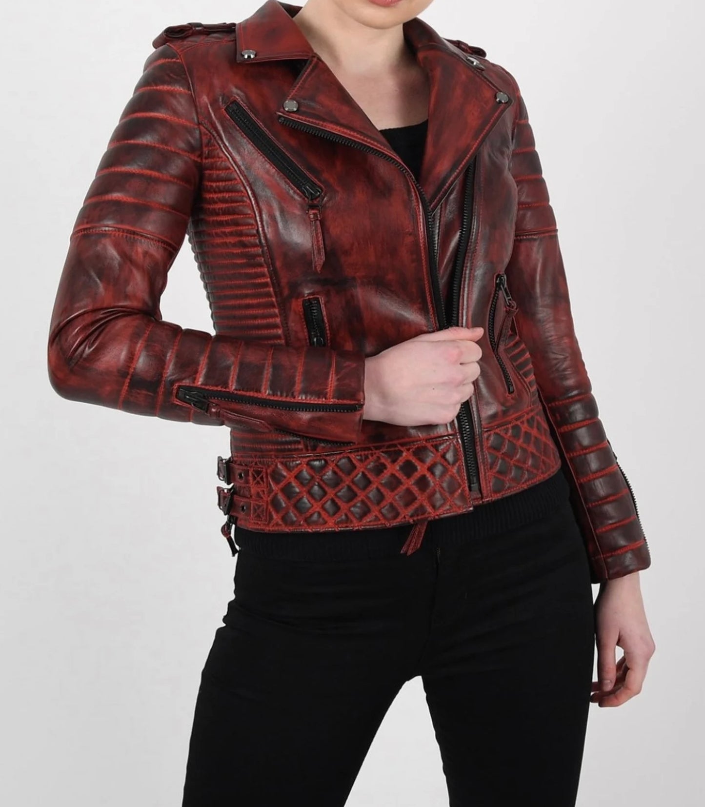 Real Sheepskin Burgundy Distressed Leather Motorcycle Jacket 