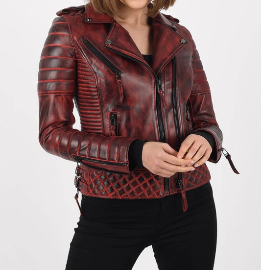 Real Sheepskin Burgundy Distressed Leather Motorcycle Jacket For Women